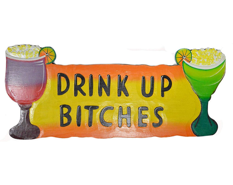 World Bazzar Hand Carved Wooden Drink Up Bitches Cocktails Parrot Drinking Beach Happy Hour Sign 